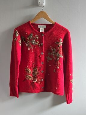 Vintage Susan Bristol Red Wool Embroidered Cardigan Size Medium